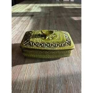 Vintage MCM Olive Green Ceramic Trinket Box Brutalist Textured Lidded Dish 6.5"